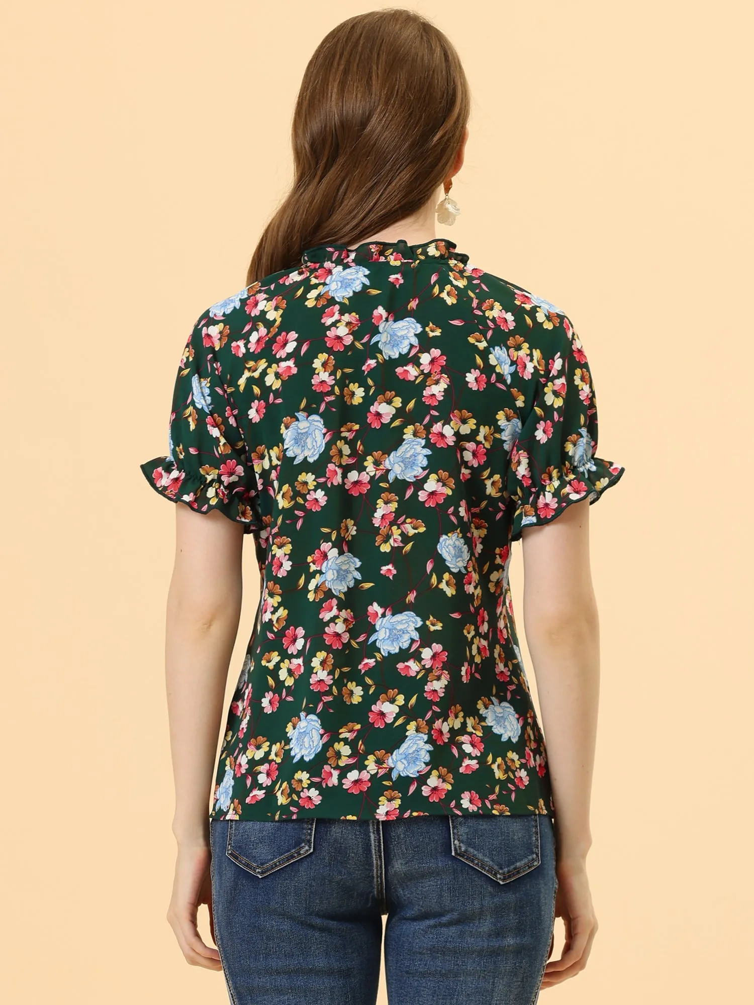 Ruffled Short Sleeve Floral Print Mock Neck Blouses