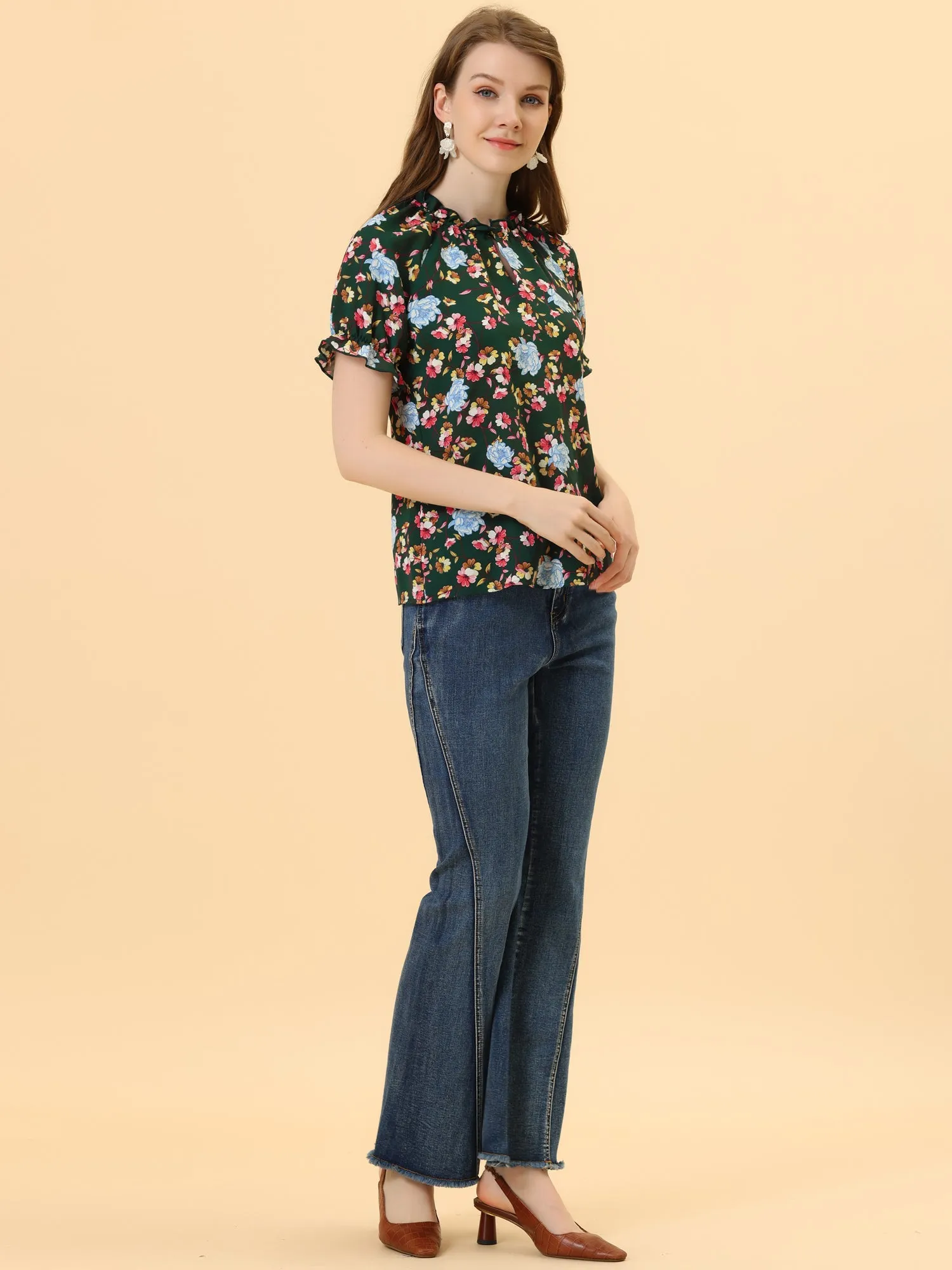 Ruffled Short Sleeve Floral Print Mock Neck Blouses