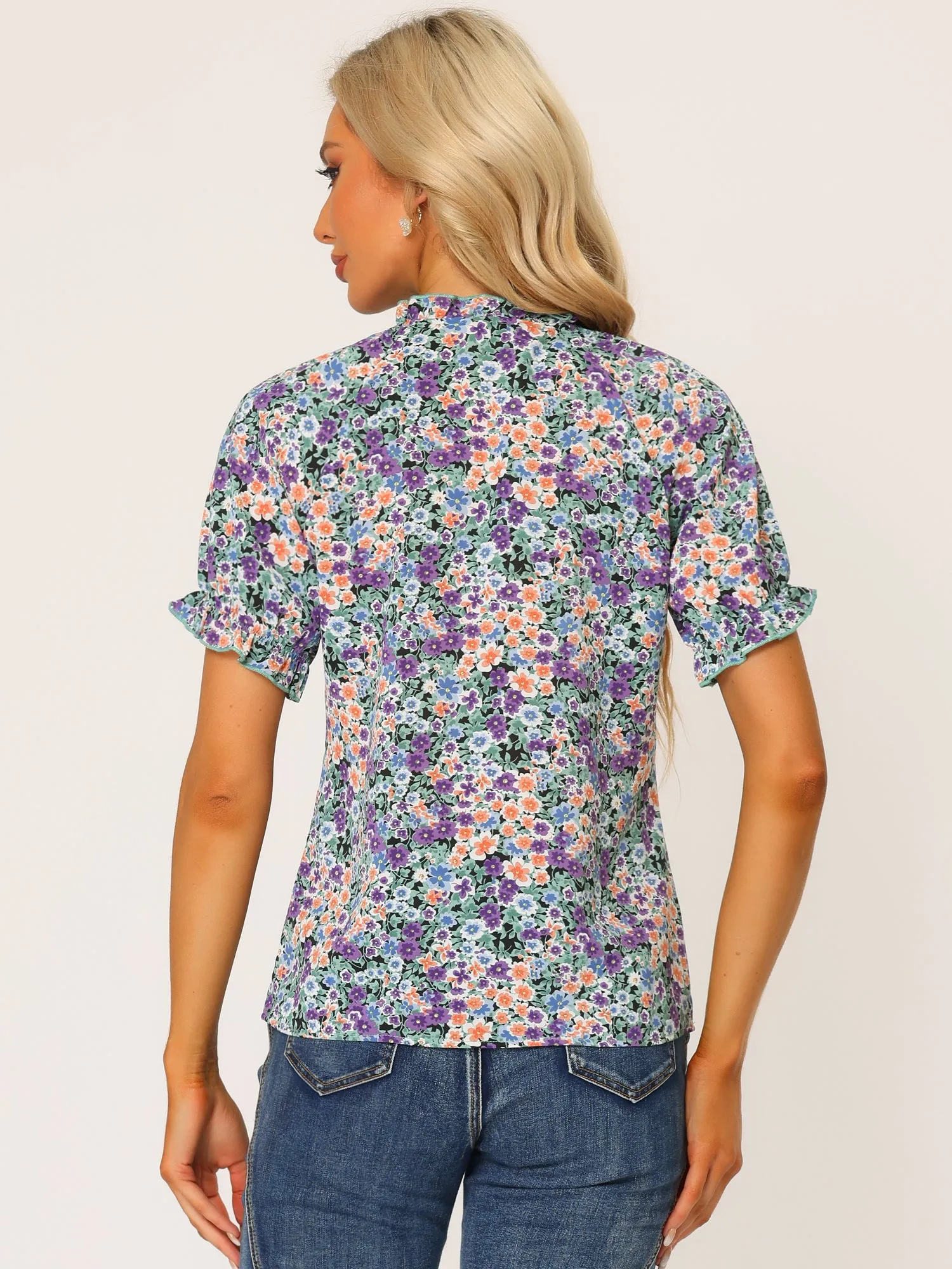 Ruffled Short Sleeve Floral Print Mock Neck Blouses