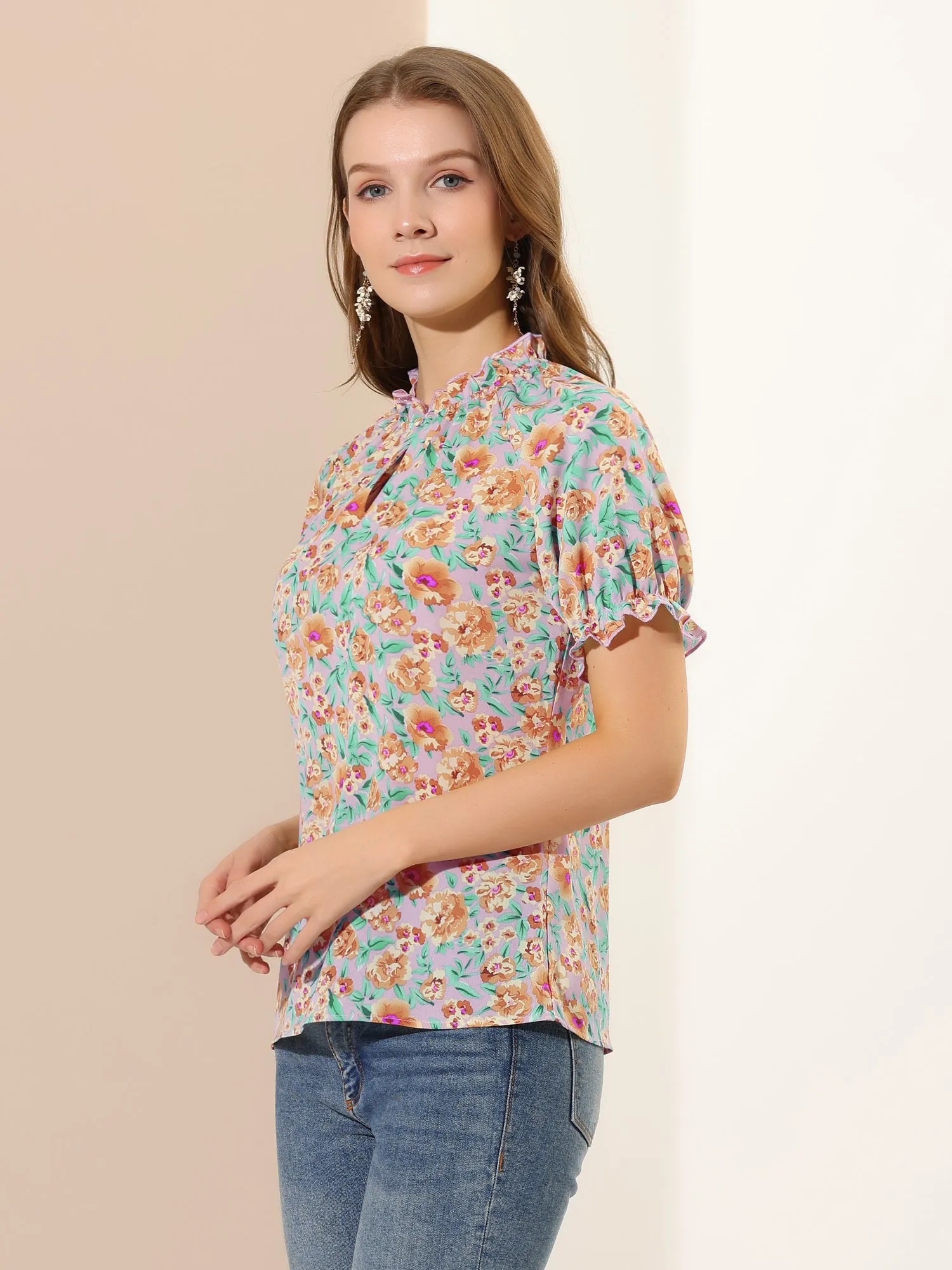 Ruffled Short Sleeve Floral Print Mock Neck Blouses