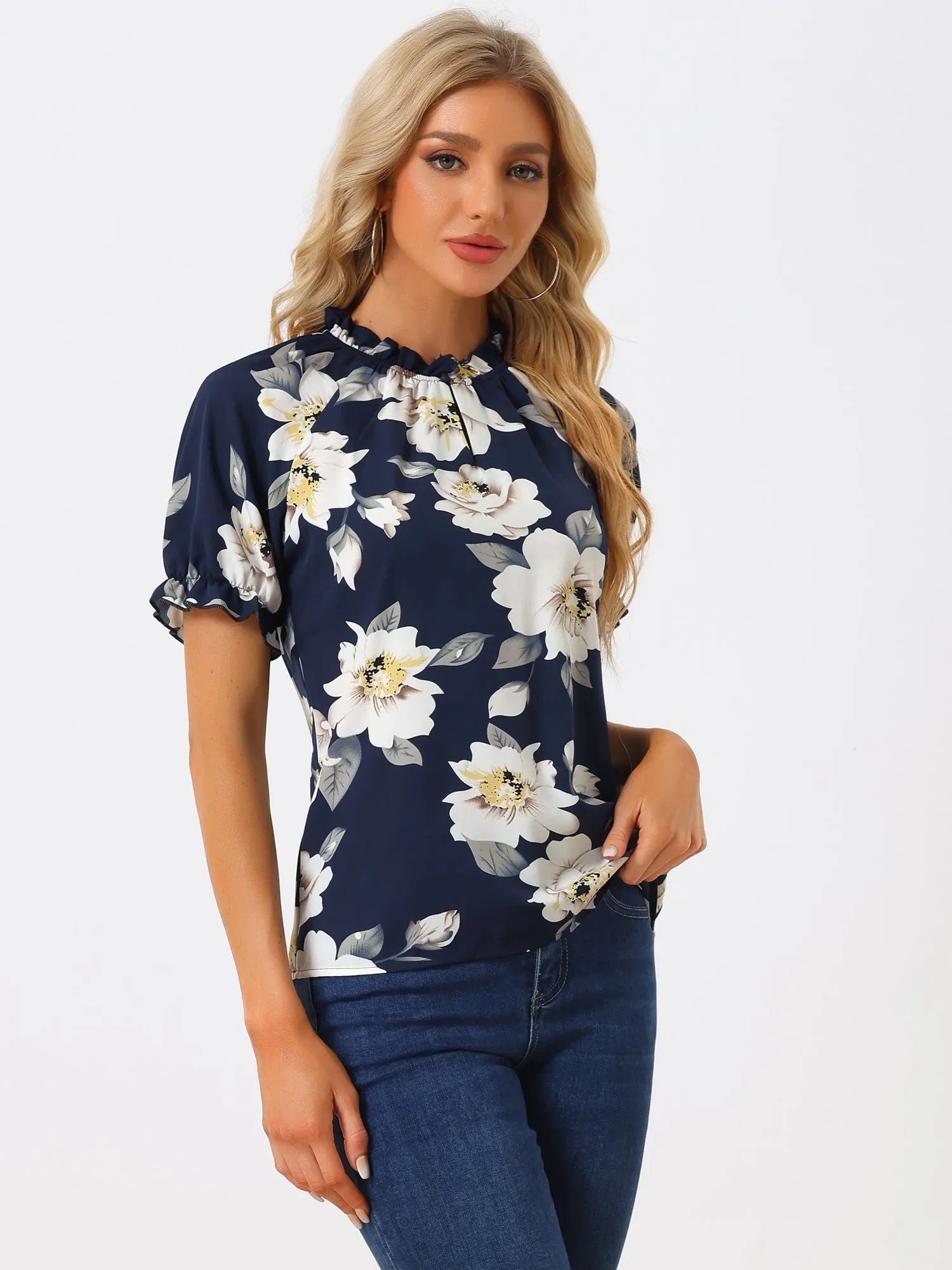 Ruffled Short Sleeve Floral Print Mock Neck Blouses