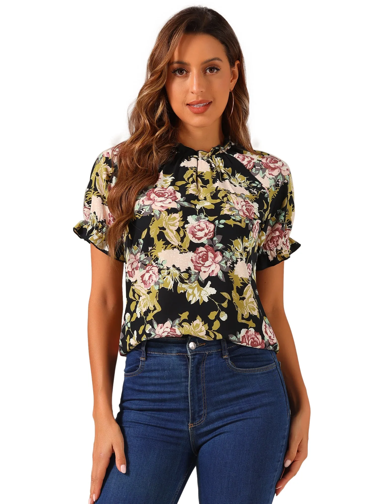 Ruffled Short Sleeve Floral Print Mock Neck Blouses