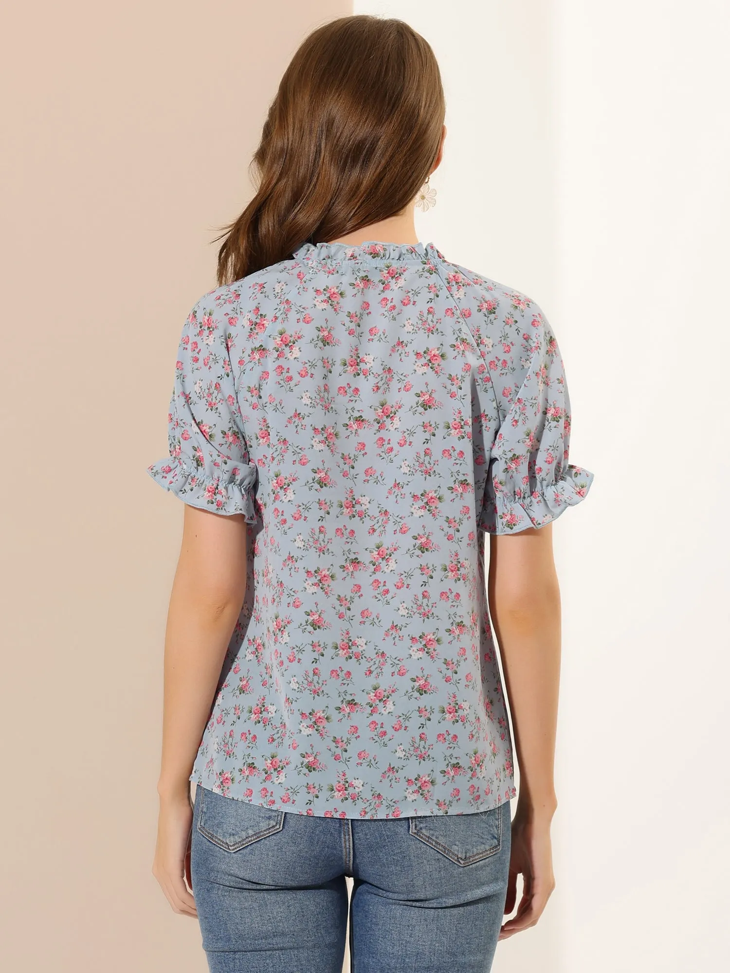 Ruffled Short Sleeve Floral Print Mock Neck Blouses