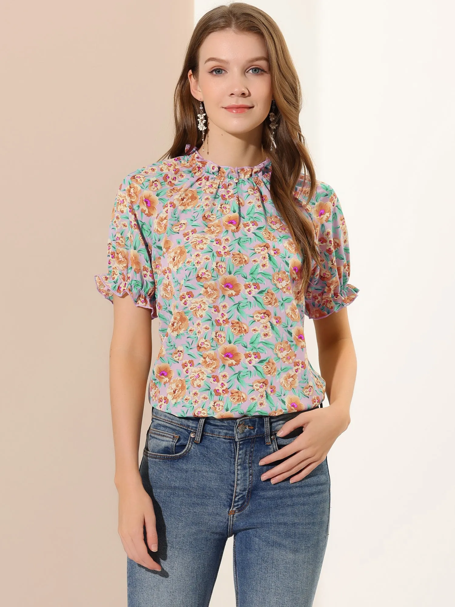 Ruffled Short Sleeve Floral Print Mock Neck Blouses