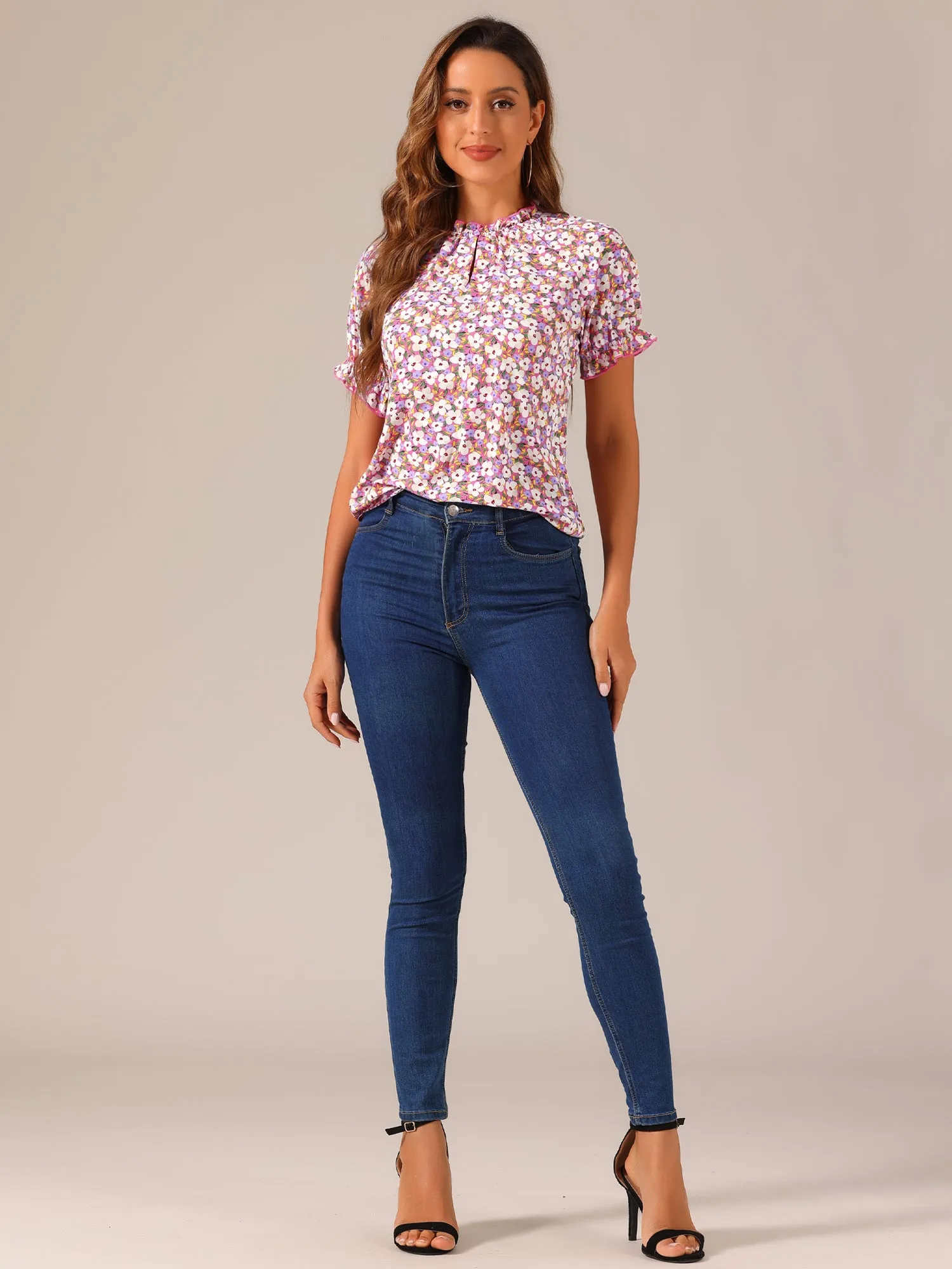 Ruffled Short Sleeve Floral Print Mock Neck Blouses