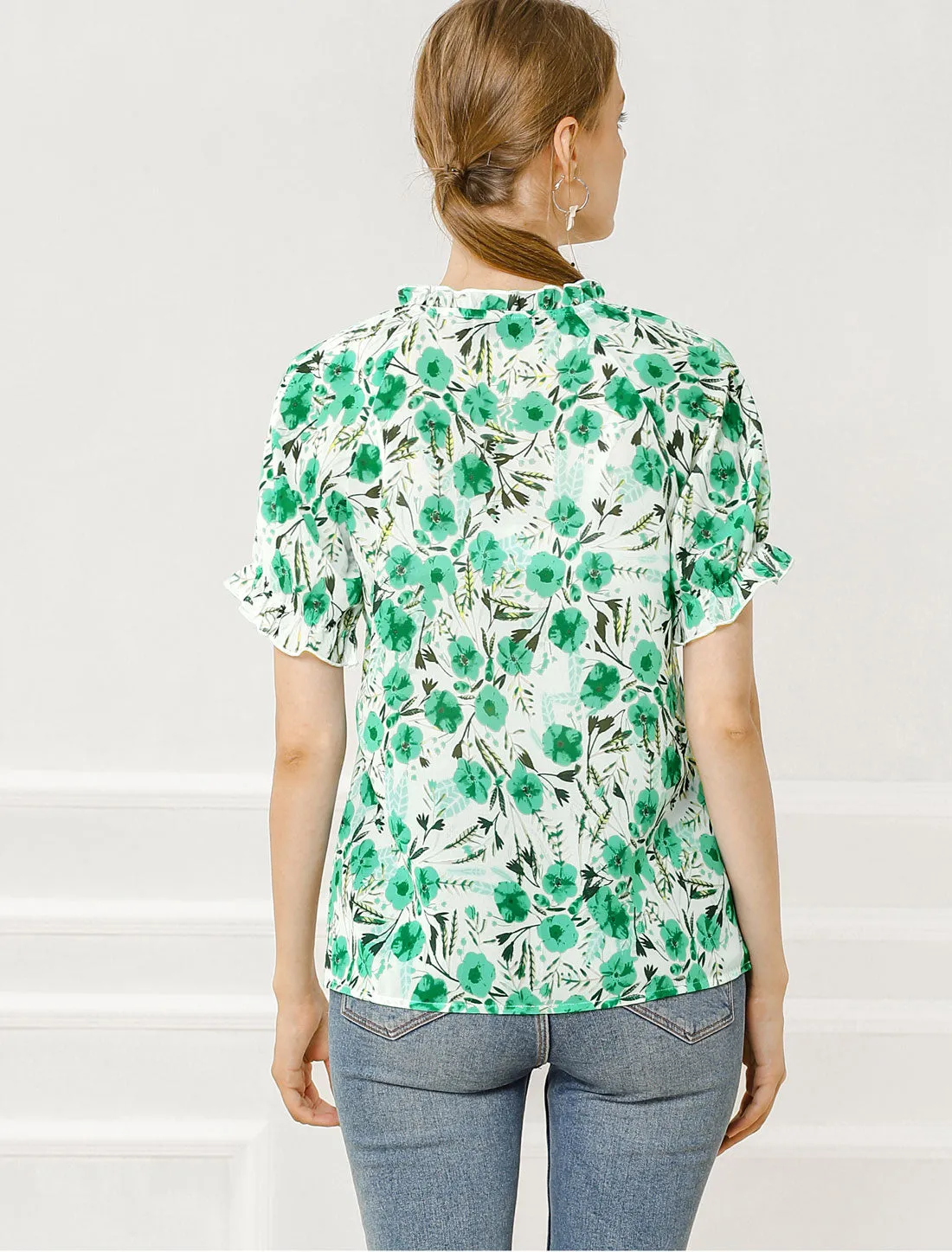 Ruffled Short Sleeve Floral Print Mock Neck Blouses