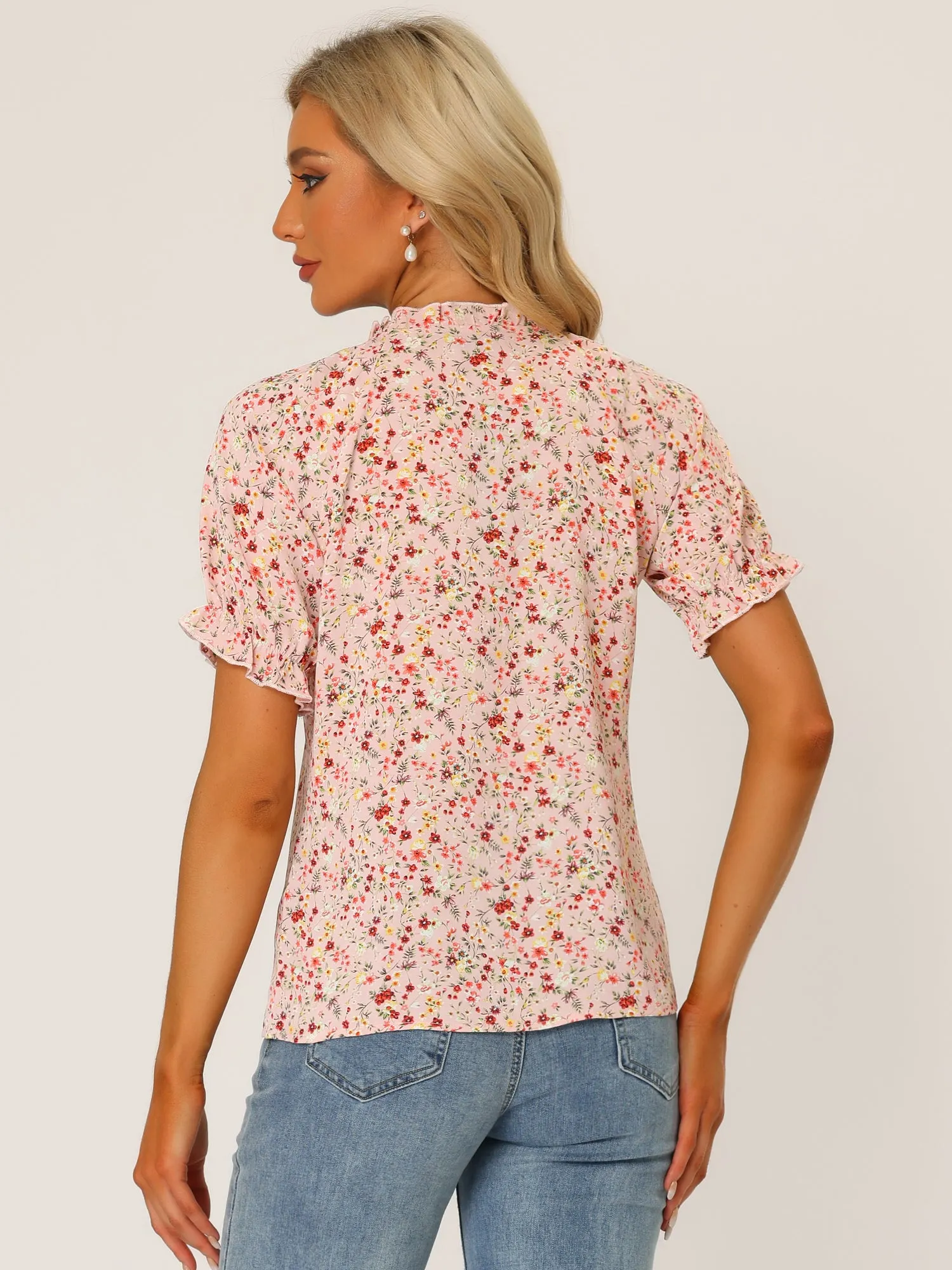 Ruffled Short Sleeve Floral Print Mock Neck Blouses