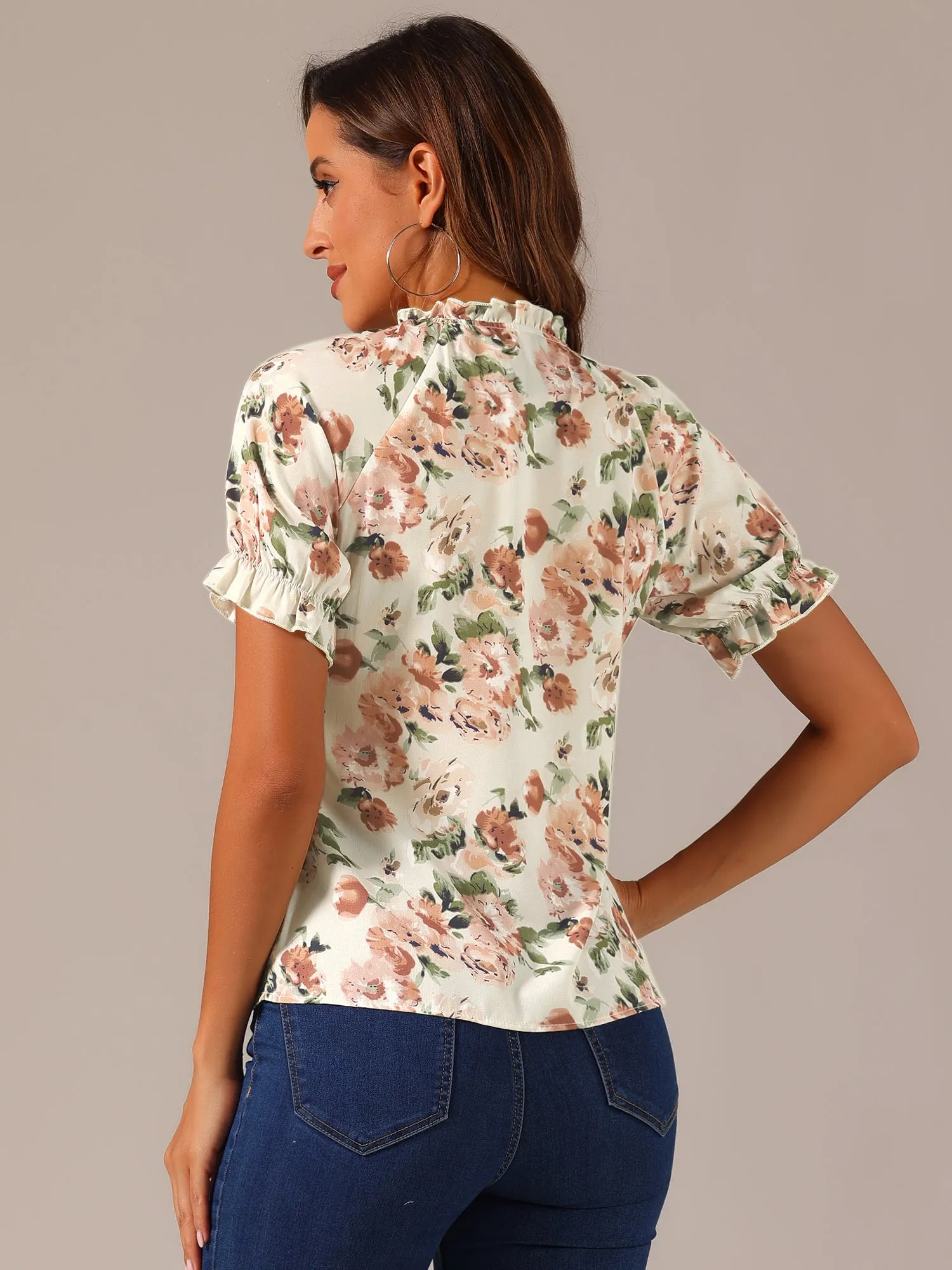 Ruffled Short Sleeve Floral Print Mock Neck Blouses