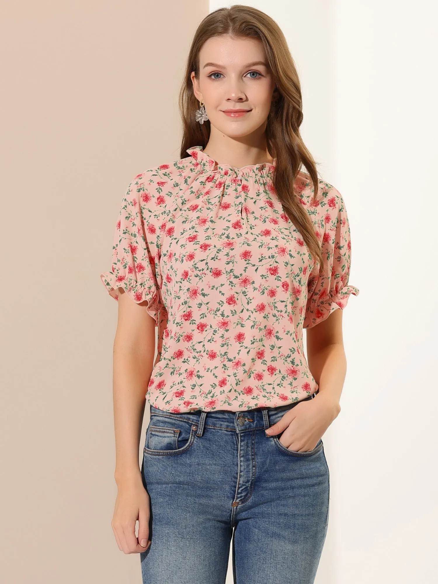 Ruffled Short Sleeve Floral Print Mock Neck Blouses