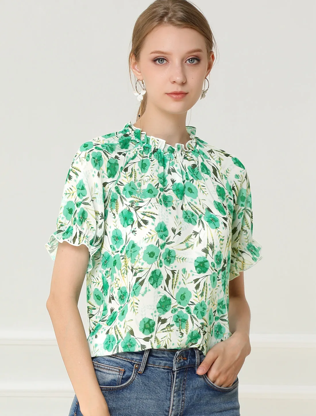 Ruffled Short Sleeve Floral Print Mock Neck Blouses