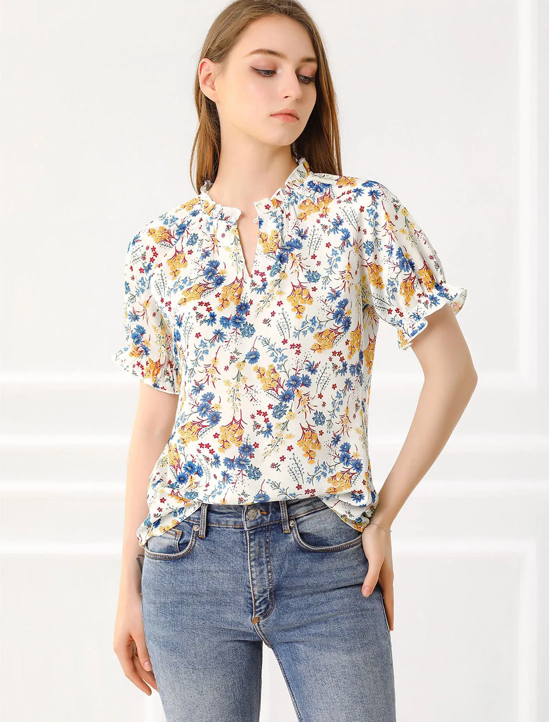 Ruffled Short Sleeve Floral Print Mock Neck Blouses