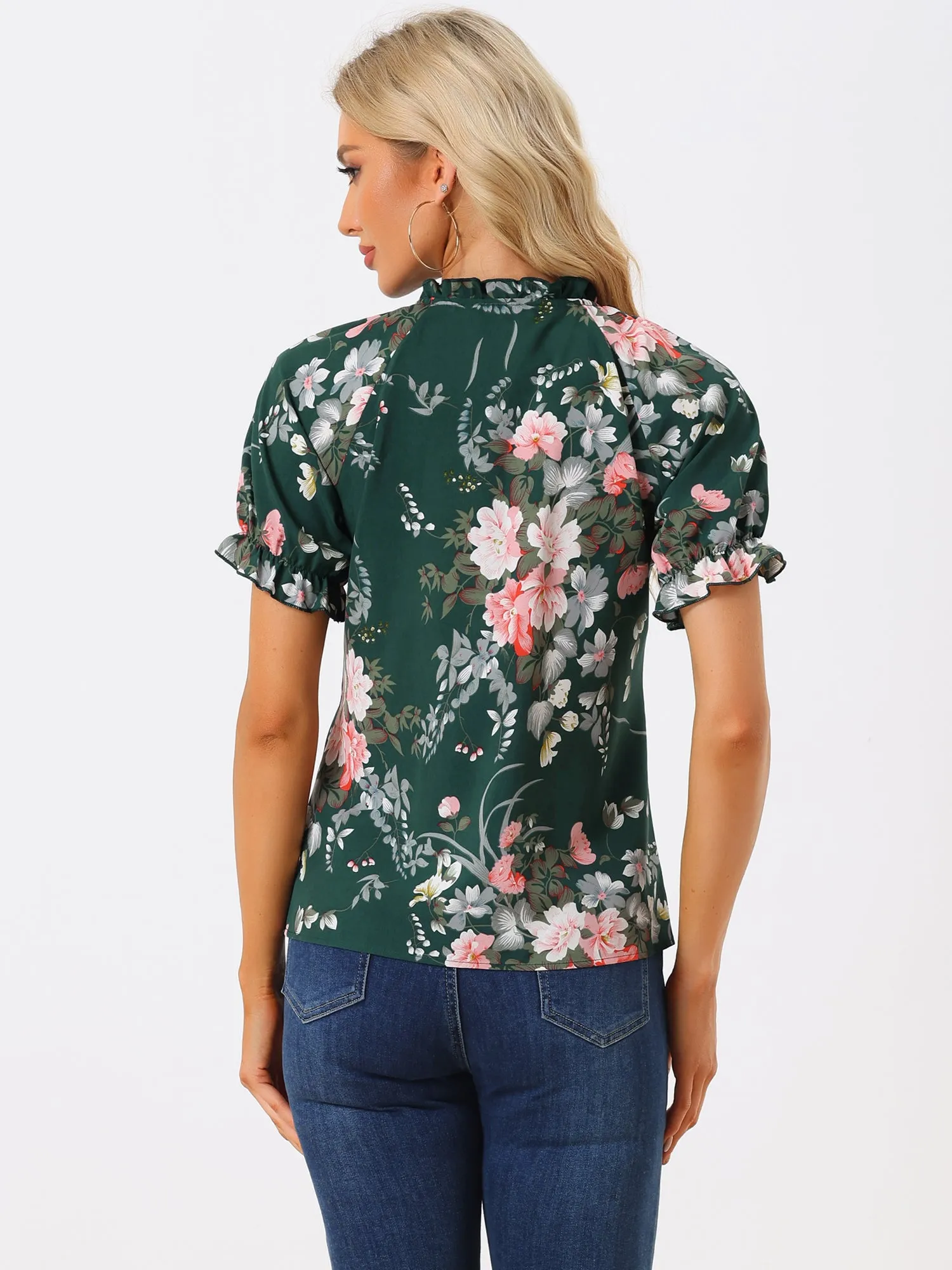 Ruffled Short Sleeve Floral Print Mock Neck Blouses