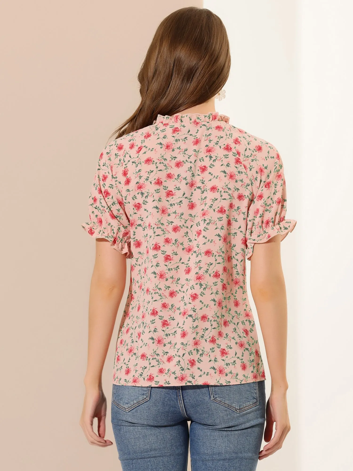 Ruffled Short Sleeve Floral Print Mock Neck Blouses