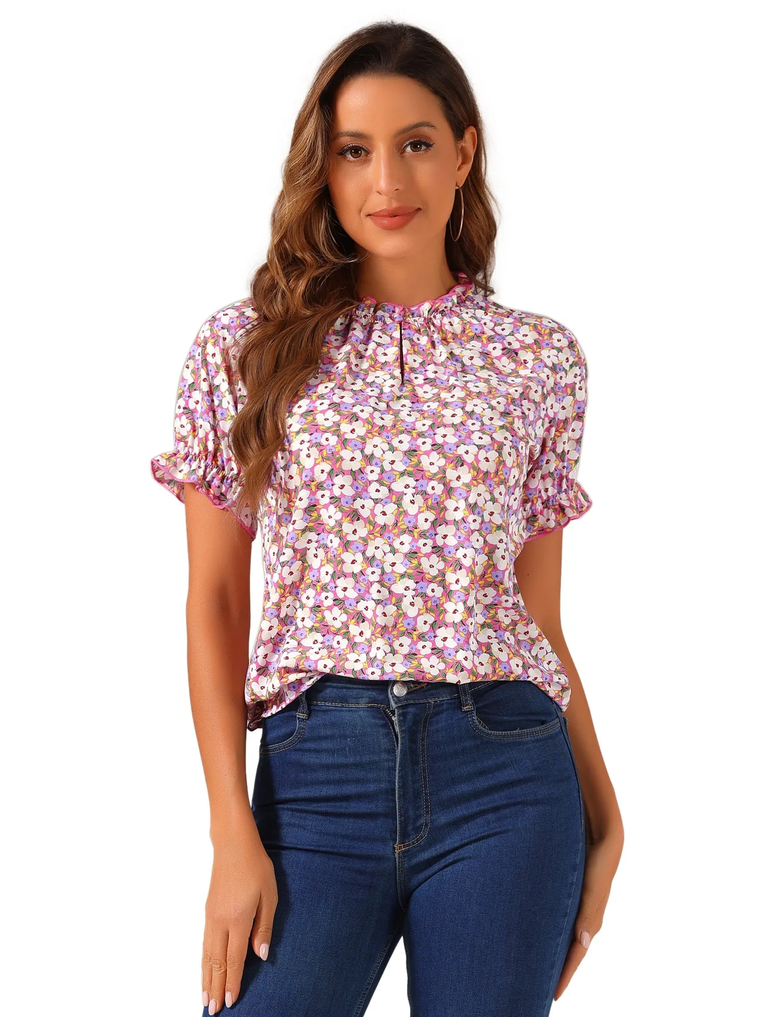 Ruffled Short Sleeve Floral Print Mock Neck Blouses