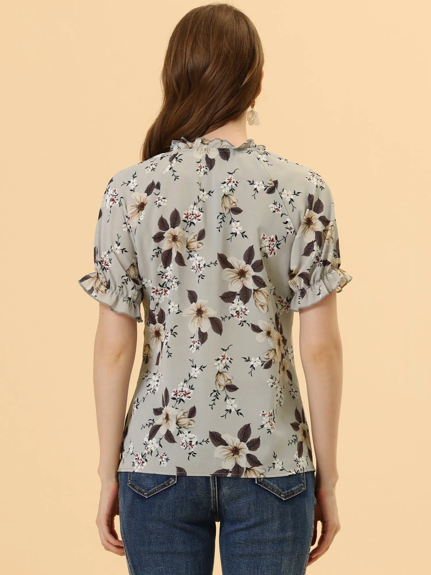 Ruffled Short Sleeve Floral Print Mock Neck Blouses