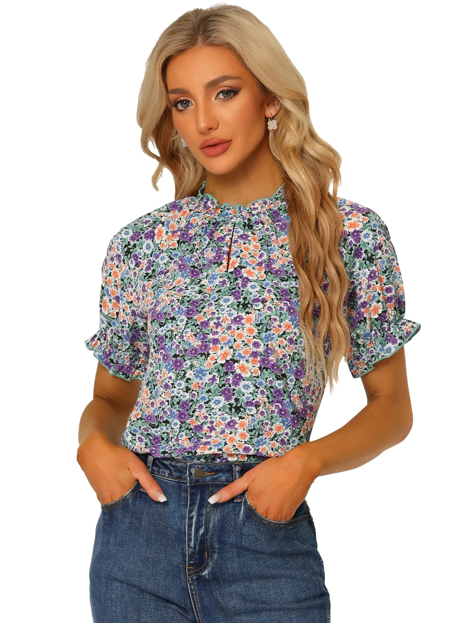 Ruffled Short Sleeve Floral Print Mock Neck Blouses