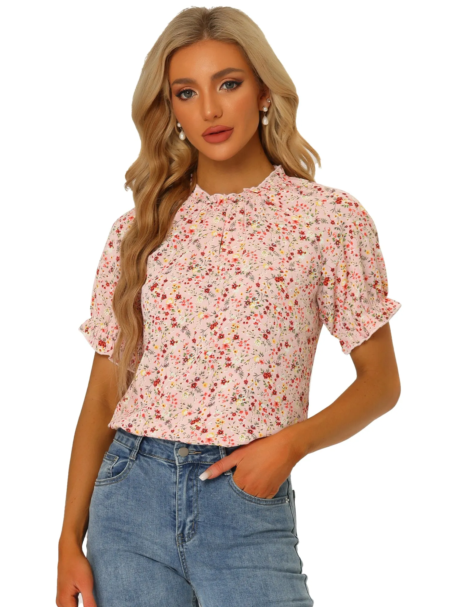 Ruffled Short Sleeve Floral Print Mock Neck Blouses