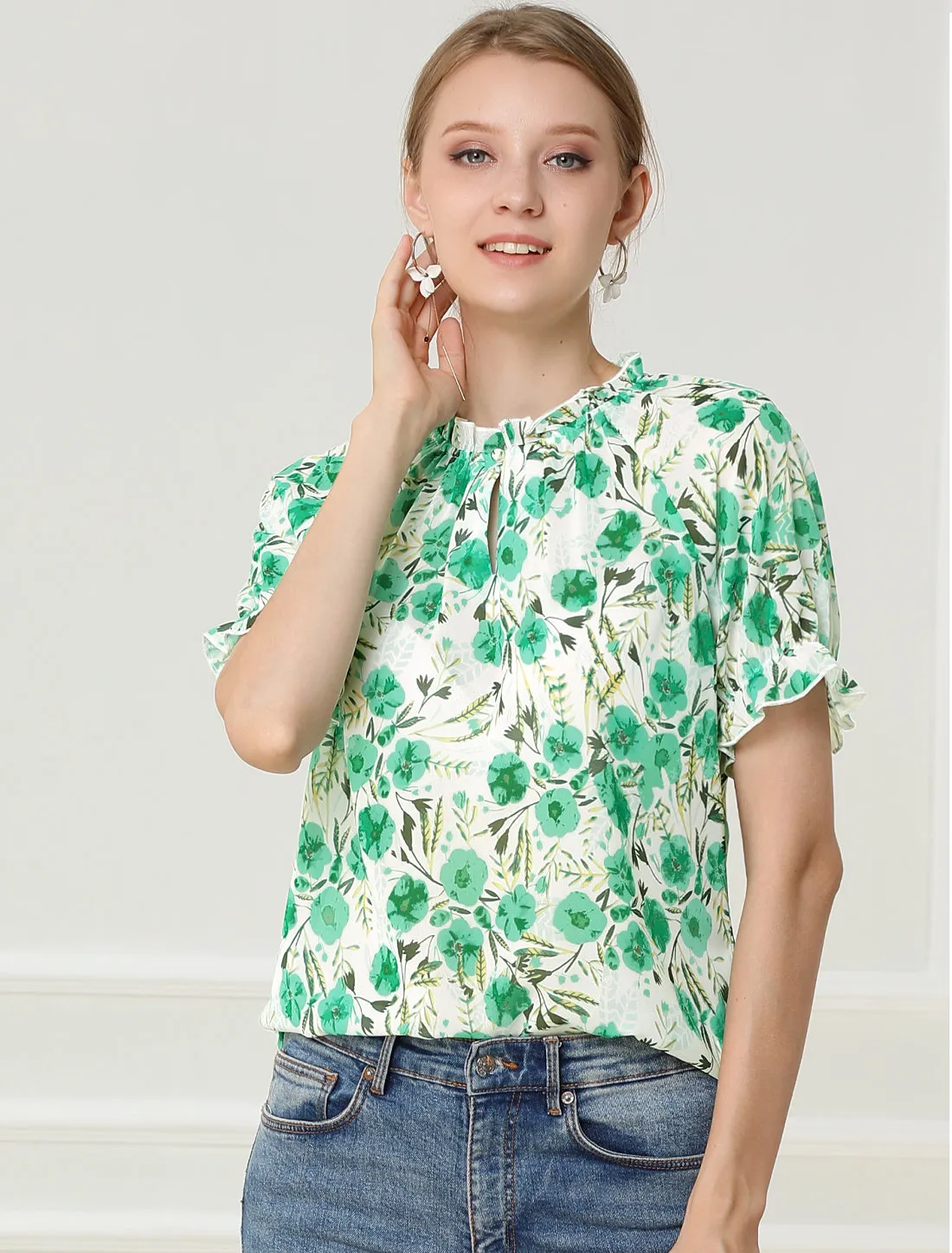 Ruffled Short Sleeve Floral Print Mock Neck Blouses