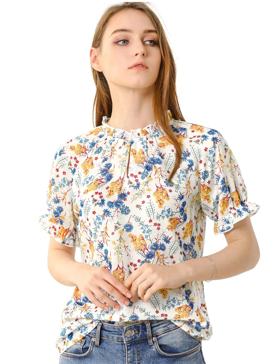 Ruffled Short Sleeve Floral Print Mock Neck Blouses