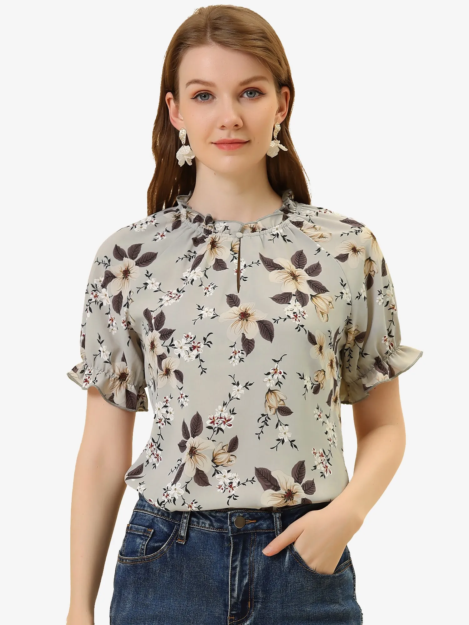 Ruffled Short Sleeve Floral Print Mock Neck Blouses