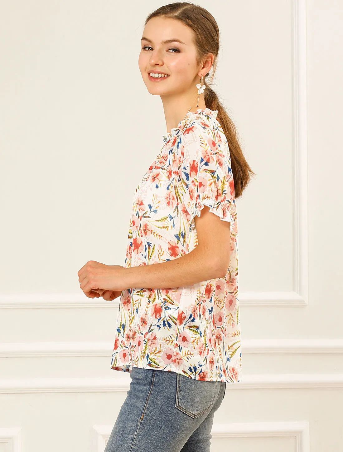 Ruffled Short Sleeve Floral Print Mock Neck Blouses