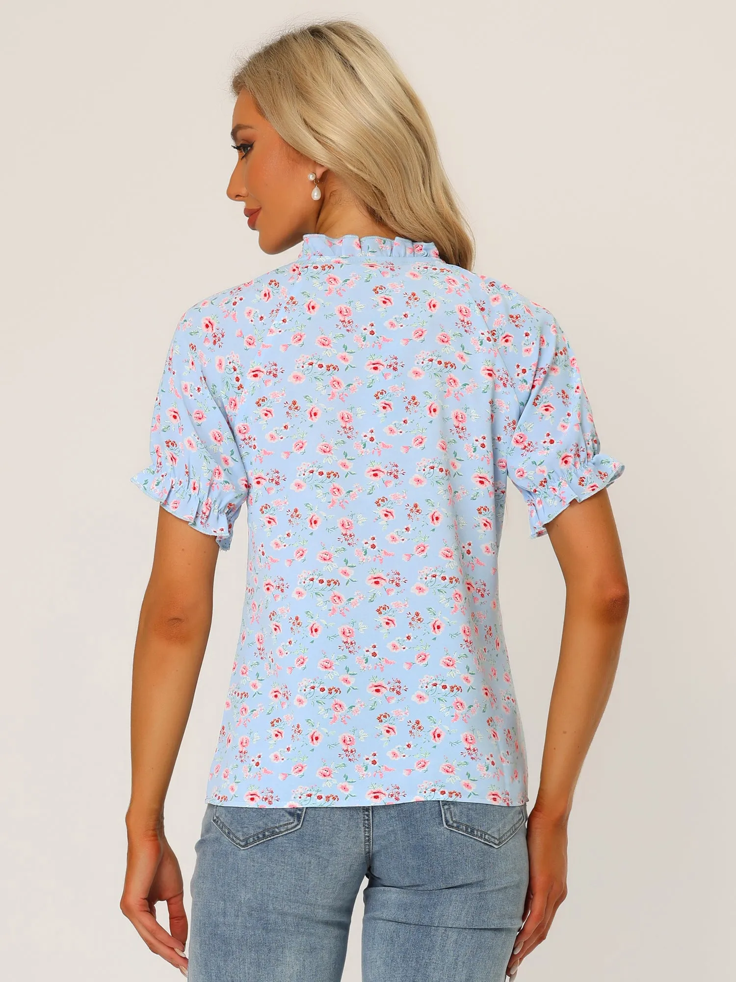 Ruffled Short Sleeve Floral Print Mock Neck Blouses