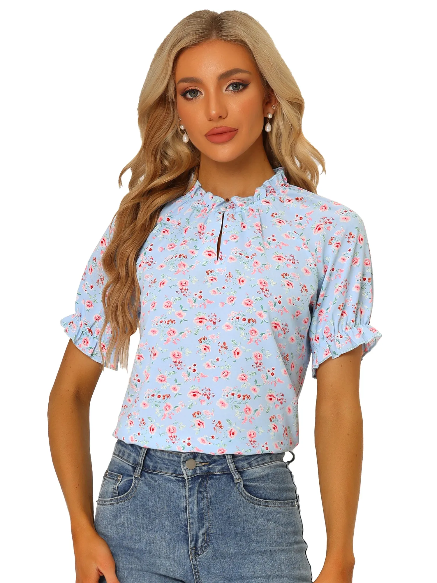 Ruffled Short Sleeve Floral Print Mock Neck Blouses