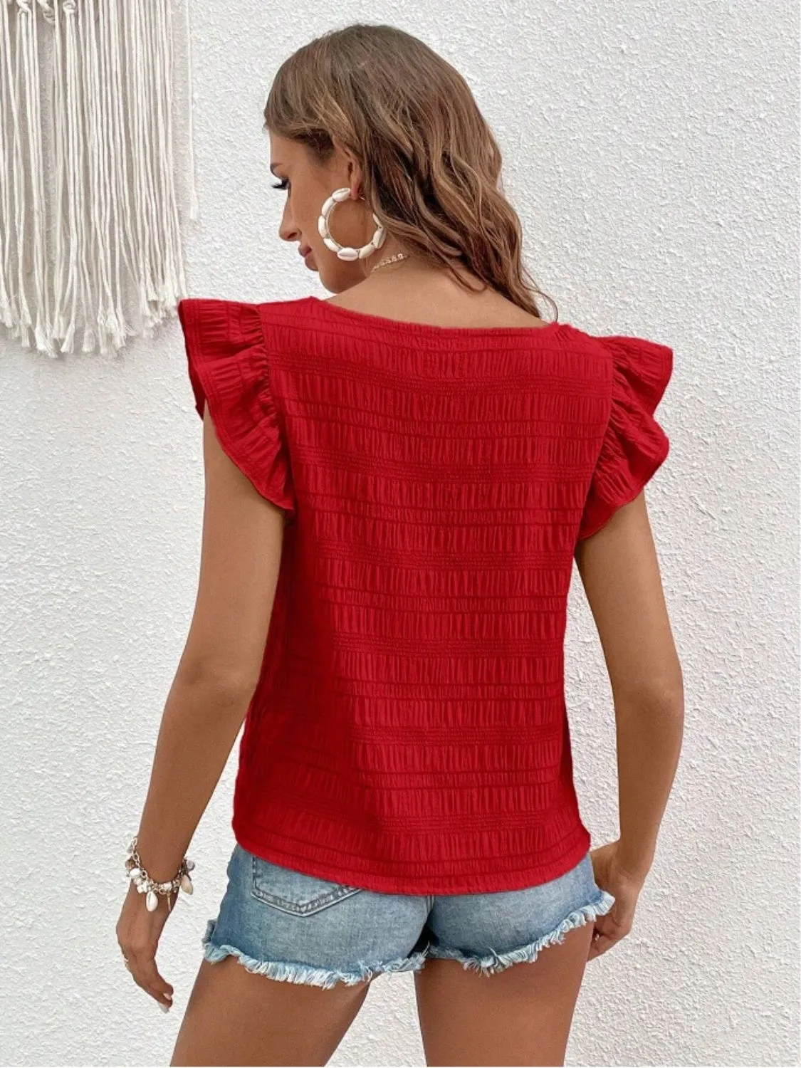 Ruffled Square Neck Cap Sleeve Blouse