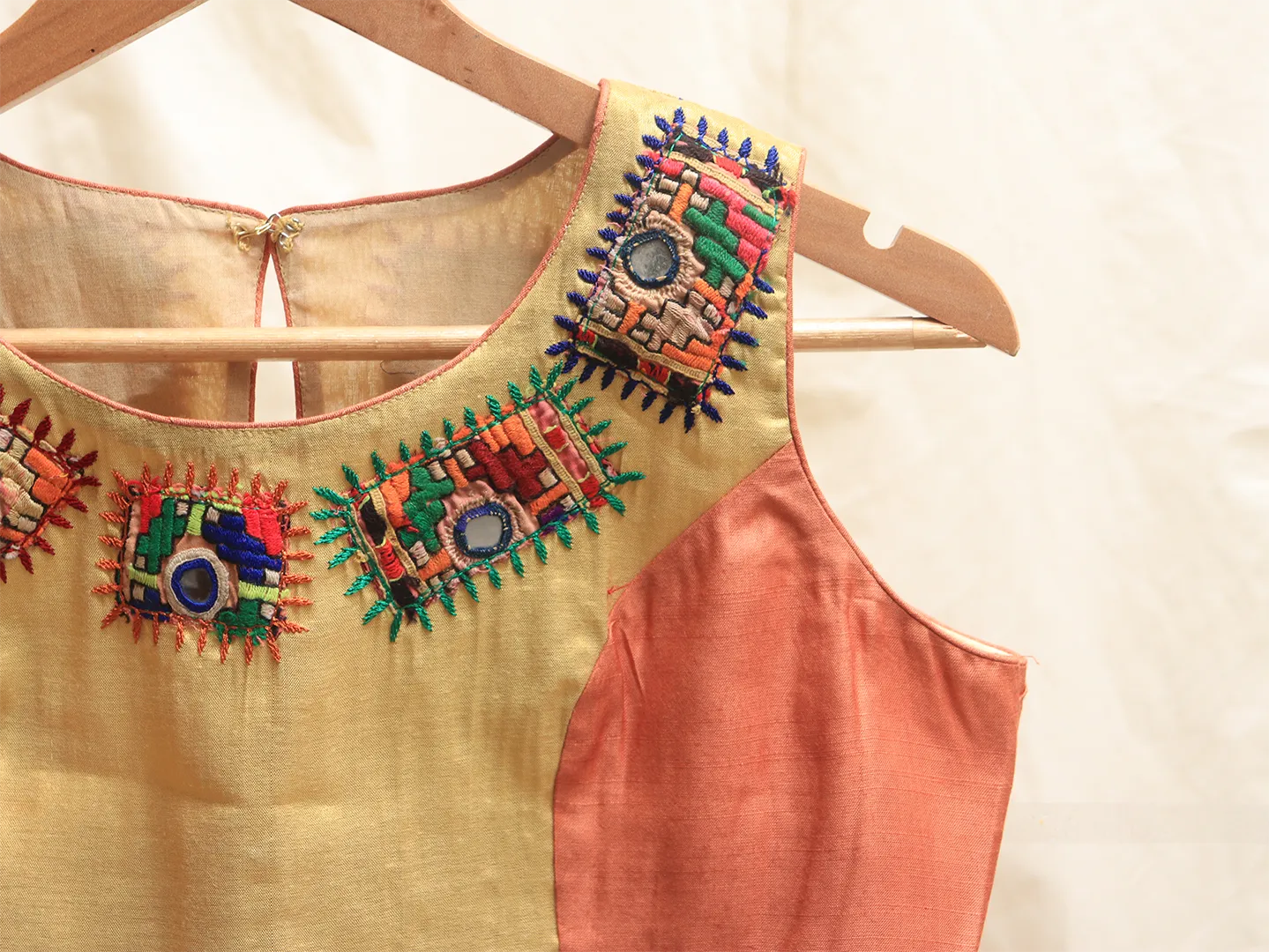 Salmon orange and gold, Hand embroidery blouse