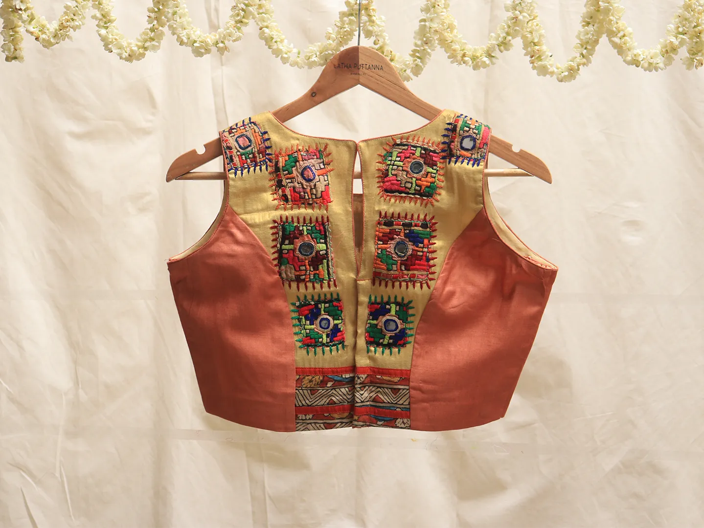 Salmon orange and gold, Hand embroidery blouse