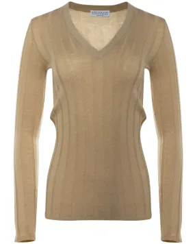 Sand Wide Rib Long Sleeve V Neck Top