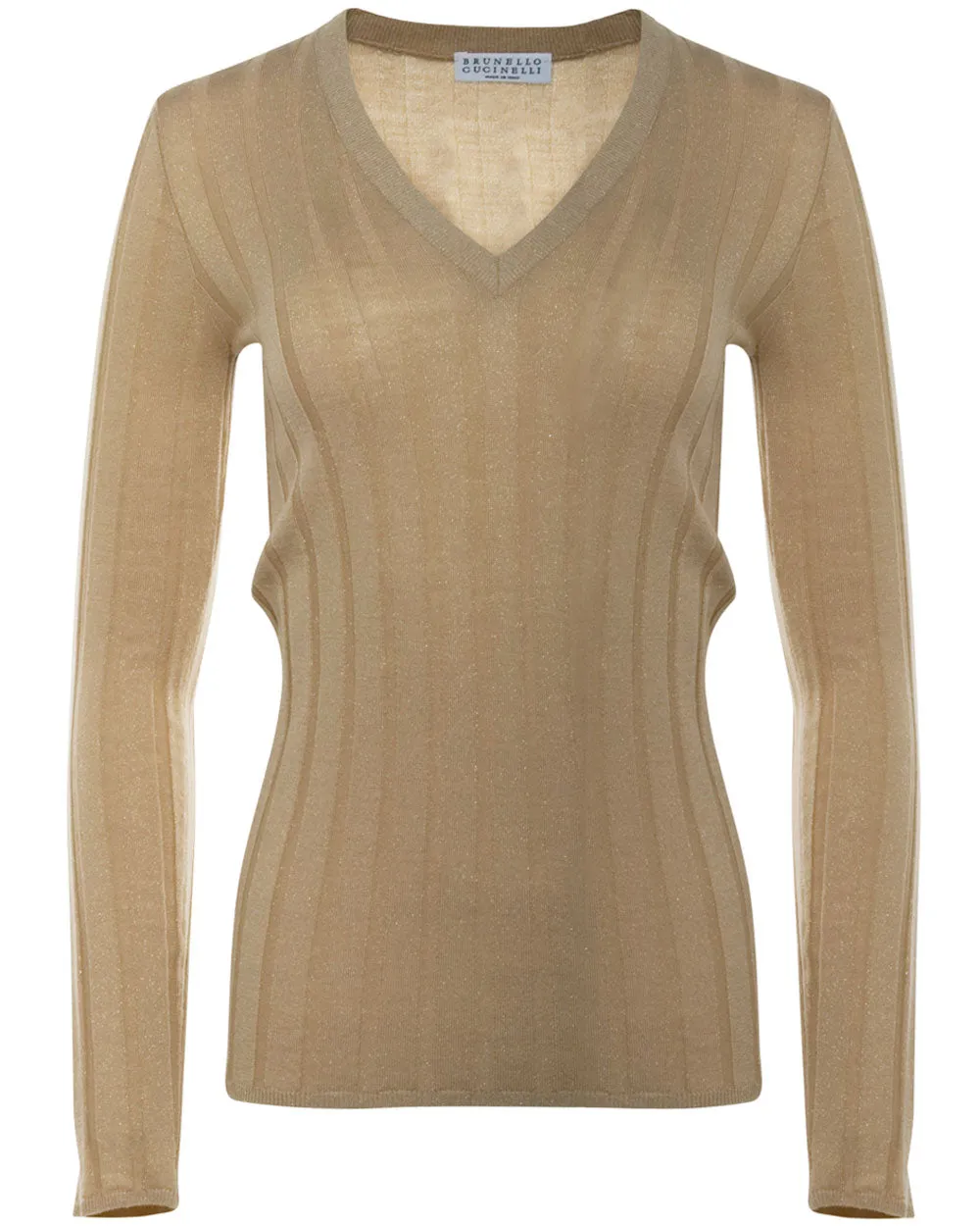 Sand Wide Rib Long Sleeve V Neck Top