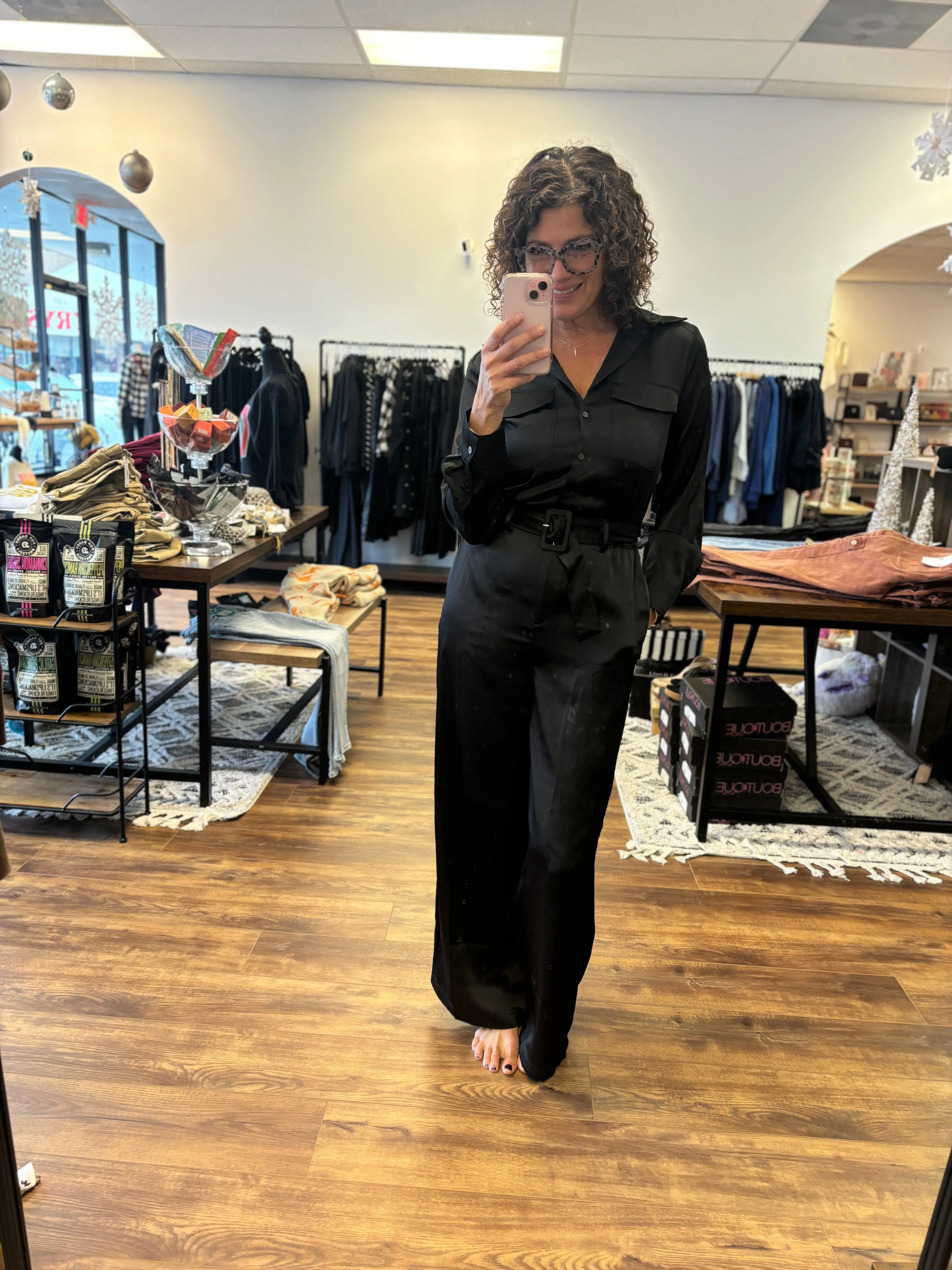 Satin Belted Button Down Jumpsuit