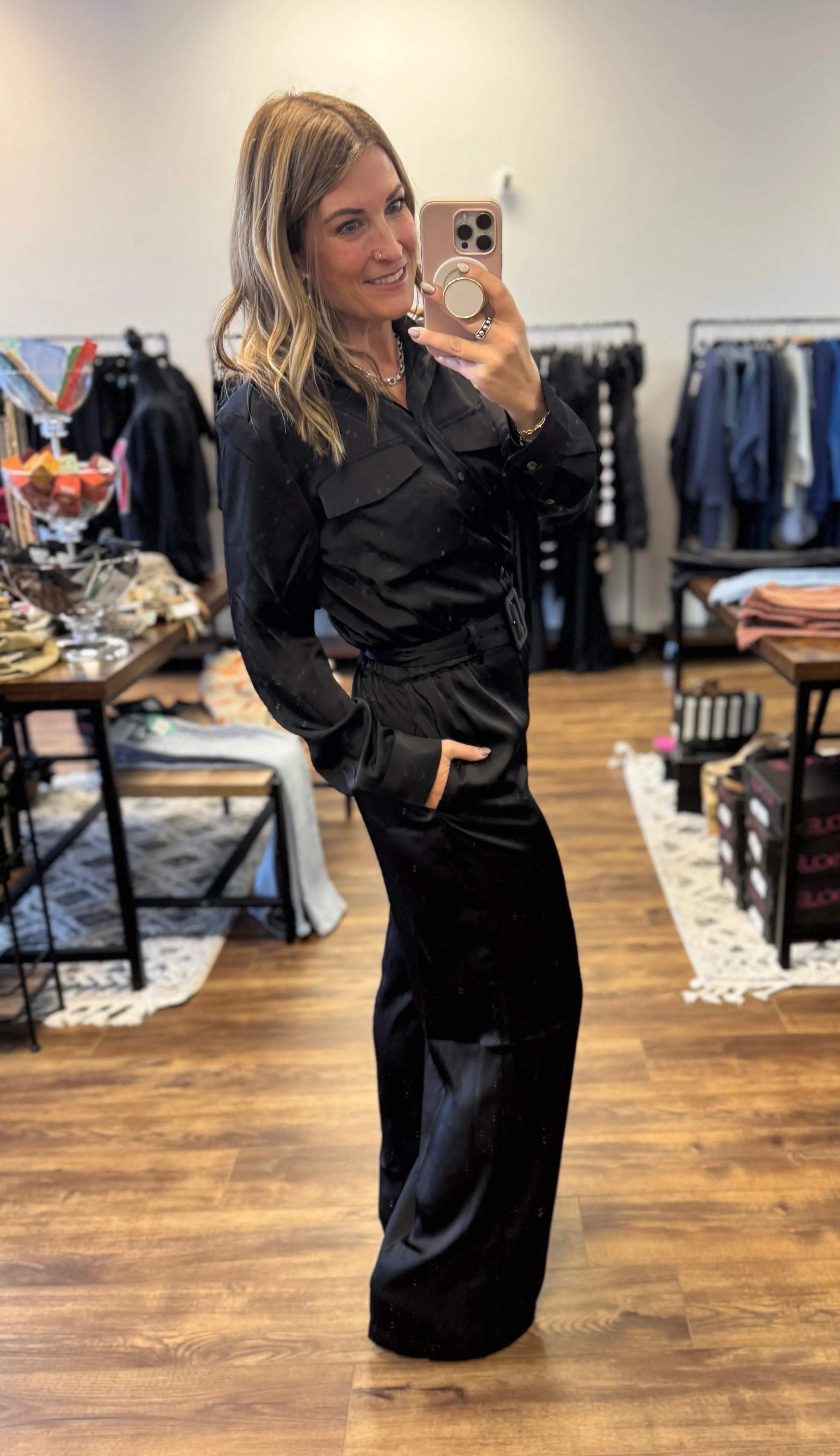 Satin Belted Button Down Jumpsuit