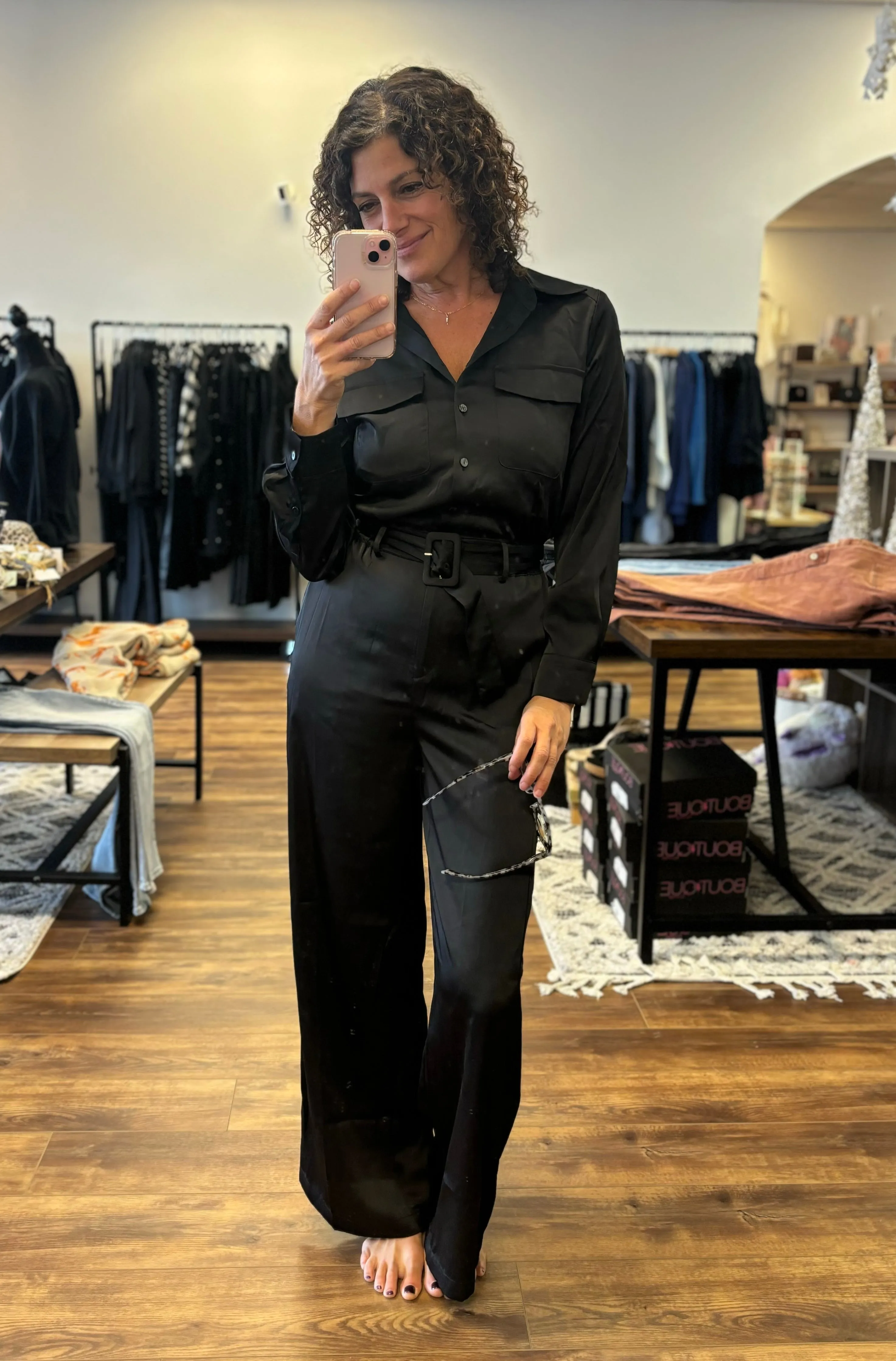 Satin Belted Button Down Jumpsuit