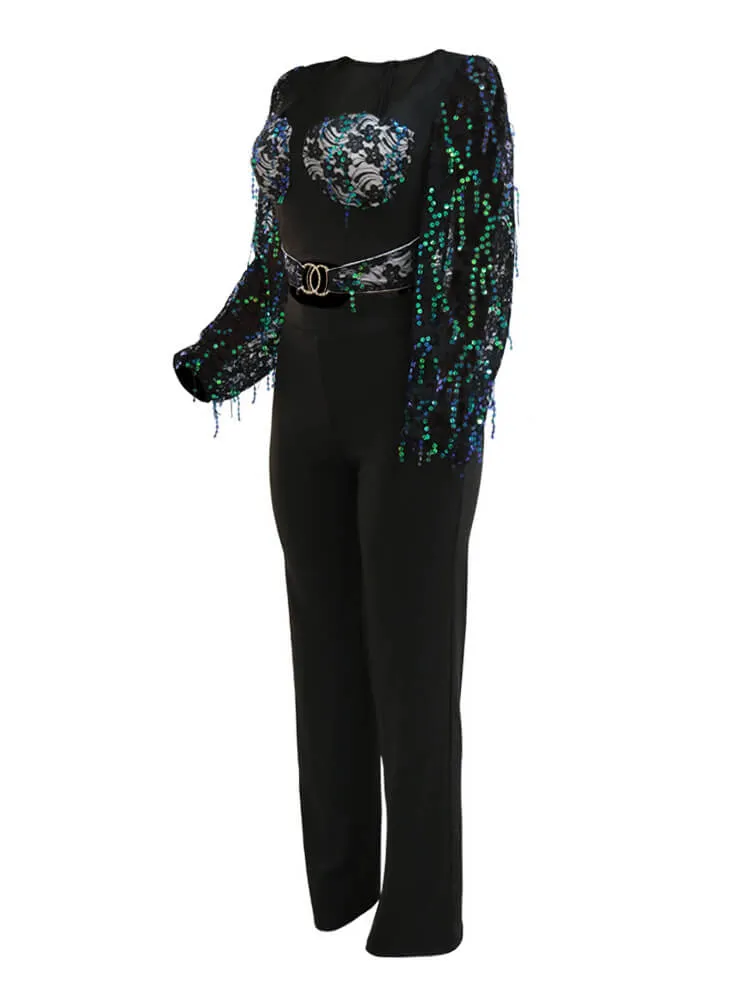 Sequin Mesh Lantern Sleeve Patchwork Jumpsuits