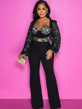 Sequin Mesh Lantern Sleeve Patchwork Jumpsuits