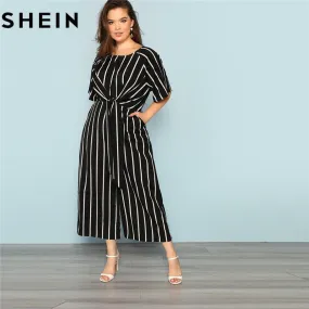 SHEIN Black And White Striped Raglan Sleeve Plus Size Belted Women Wide Leg Jumpsuits Office Lady O Neck Casual Loose Jumpsuit