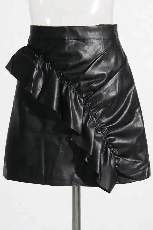 Single Breasted PU Leather Top Ruffle Mini Skirt Set