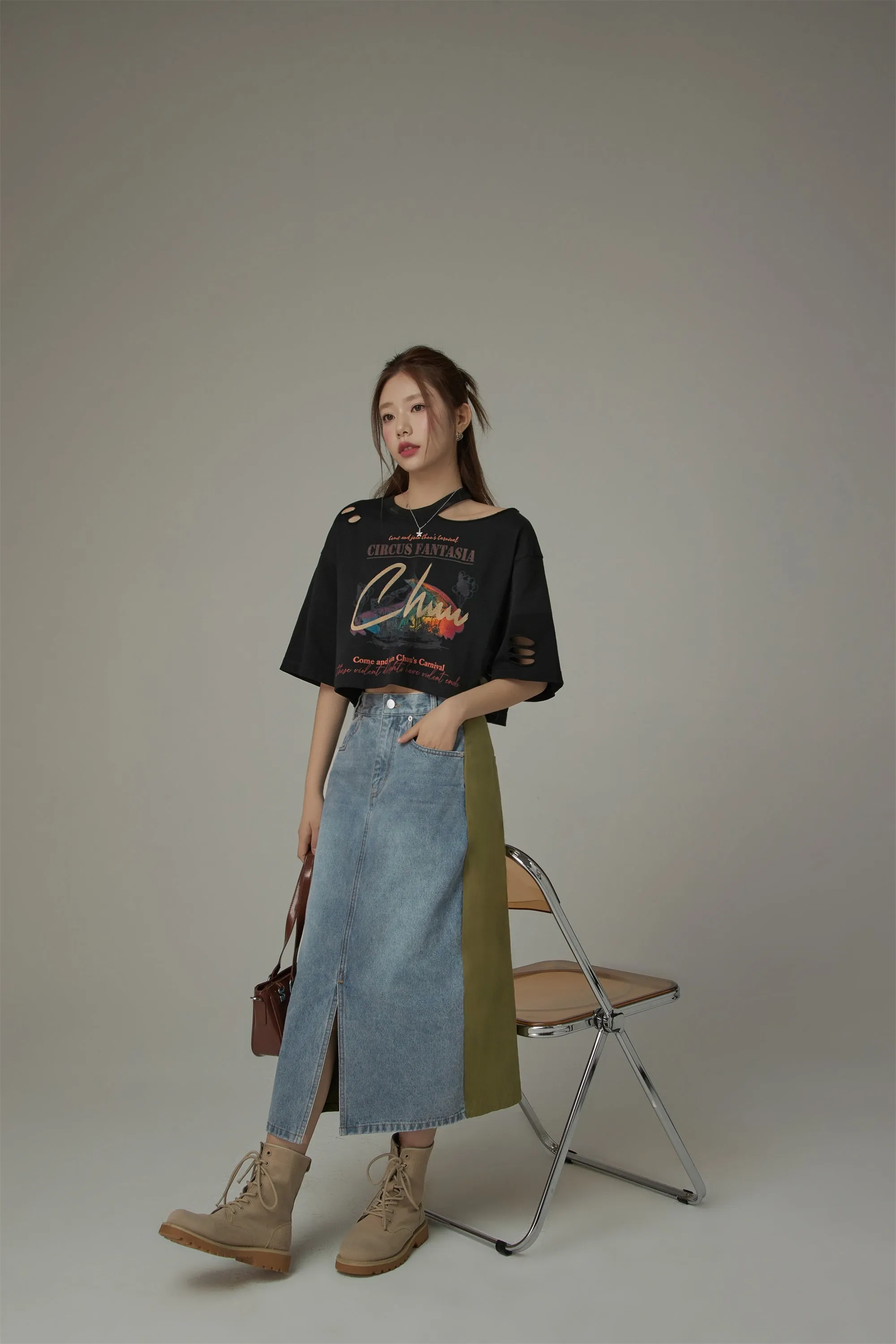 Slit Denim Long Skirt