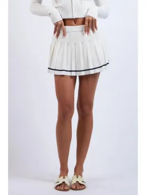 Solid Color Line Point Pleated Knit Mini Skirt - White -