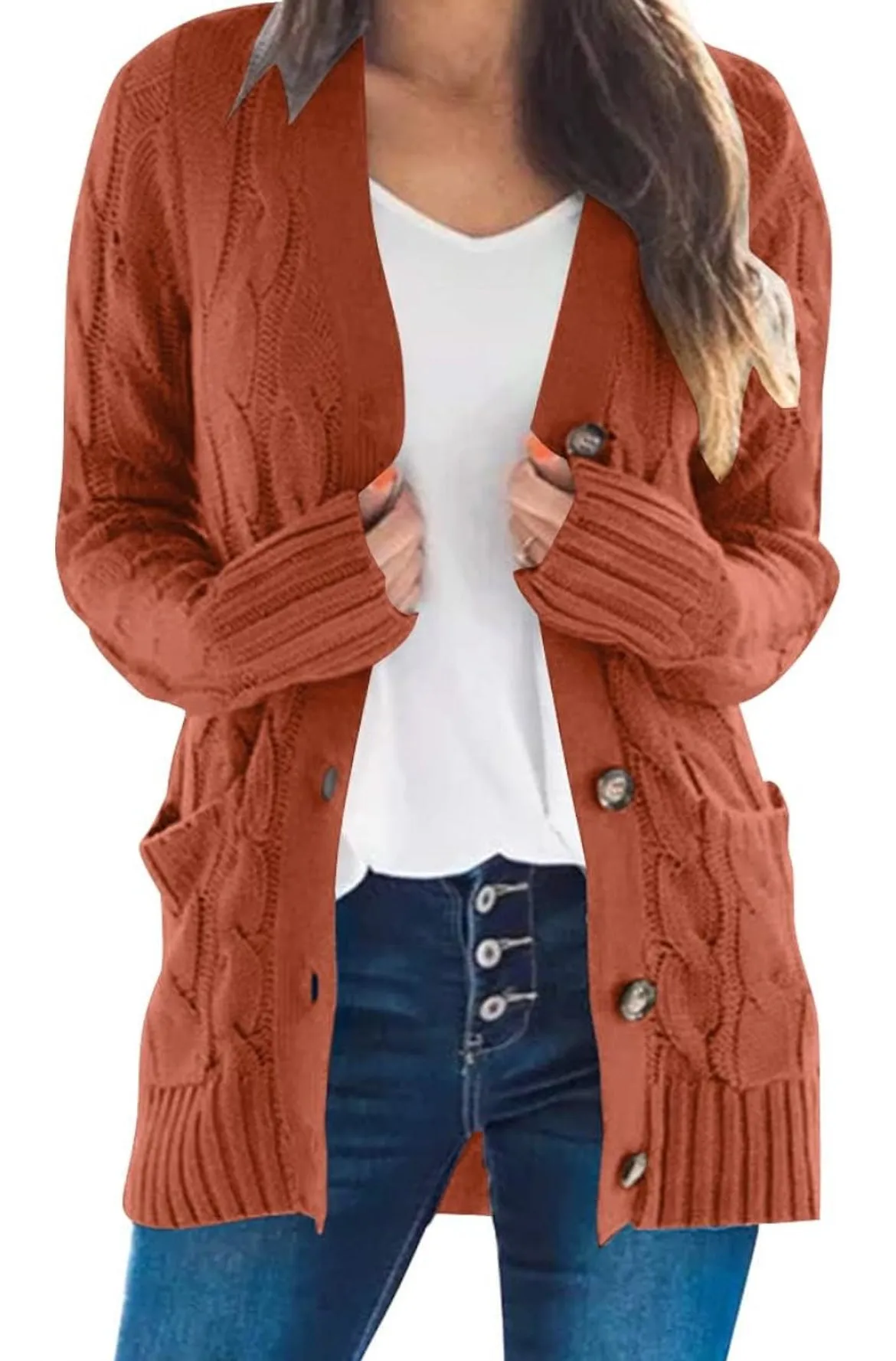 Spice It Up Cable Knit Button Down Sweater Cardigan in Rust