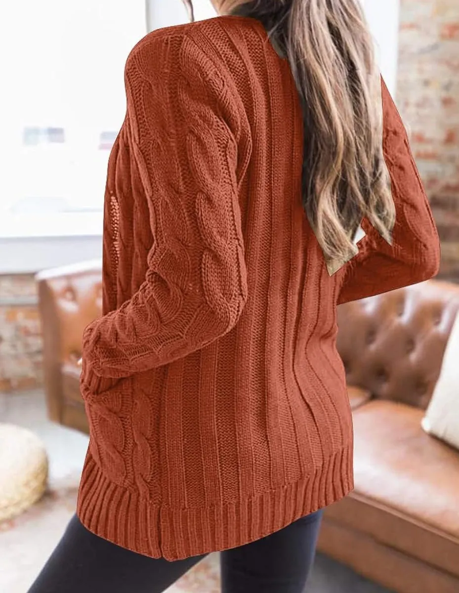 Spice It Up Cable Knit Button Down Sweater Cardigan in Rust