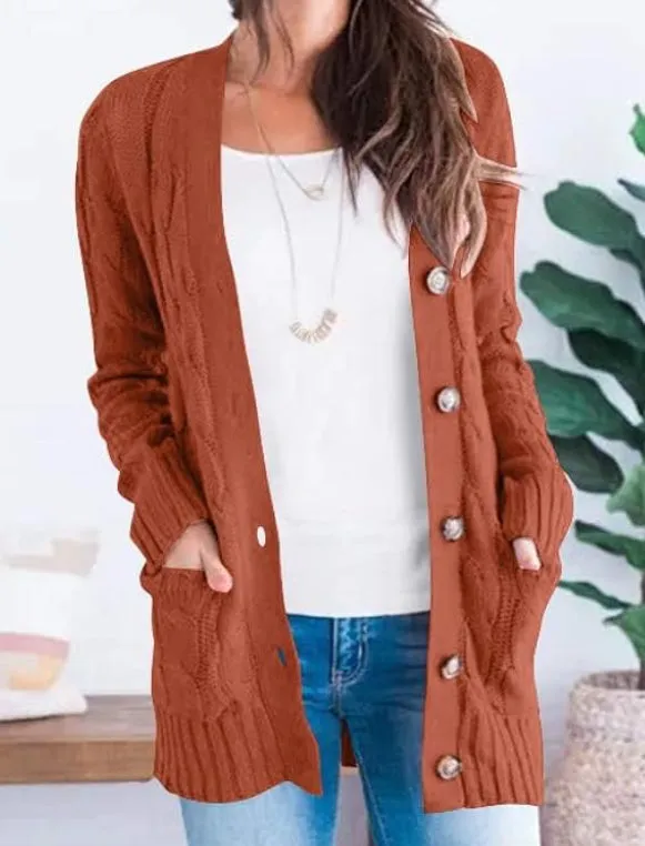 Spice It Up Cable Knit Button Down Sweater Cardigan in Rust