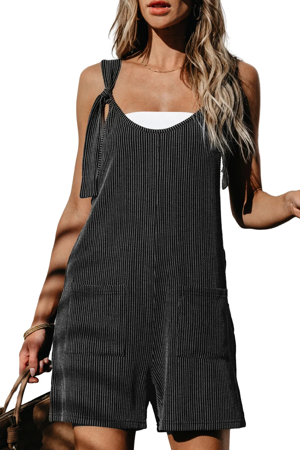 Striped Knotted Straps Pocketed Romper