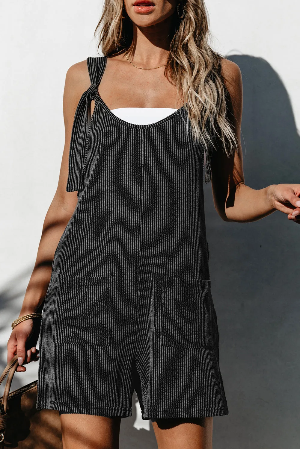 Striped Knotted Straps Pocketed Romper