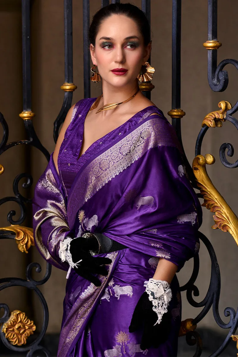 Stunning Royal Purple Banarasi Satin Silk Saree With Energetic Blouse