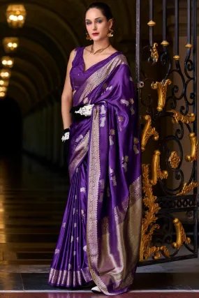 Stunning Royal Purple Banarasi Satin Silk Saree With Energetic Blouse