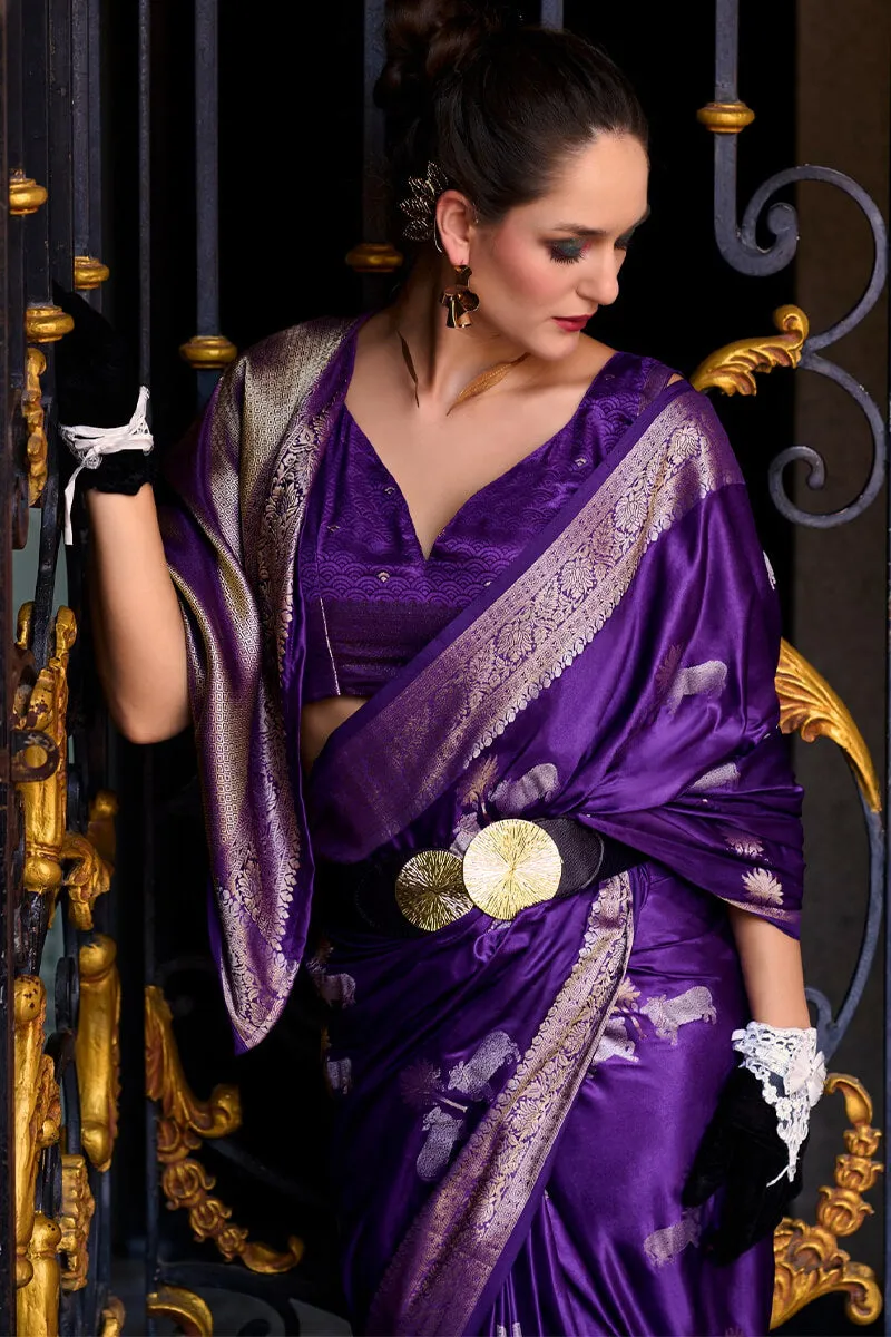 Stunning Royal Purple Banarasi Satin Silk Saree With Energetic Blouse