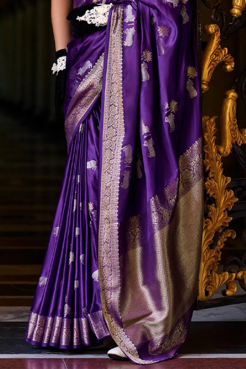 Stunning Royal Purple Banarasi Satin Silk Saree With Energetic Blouse